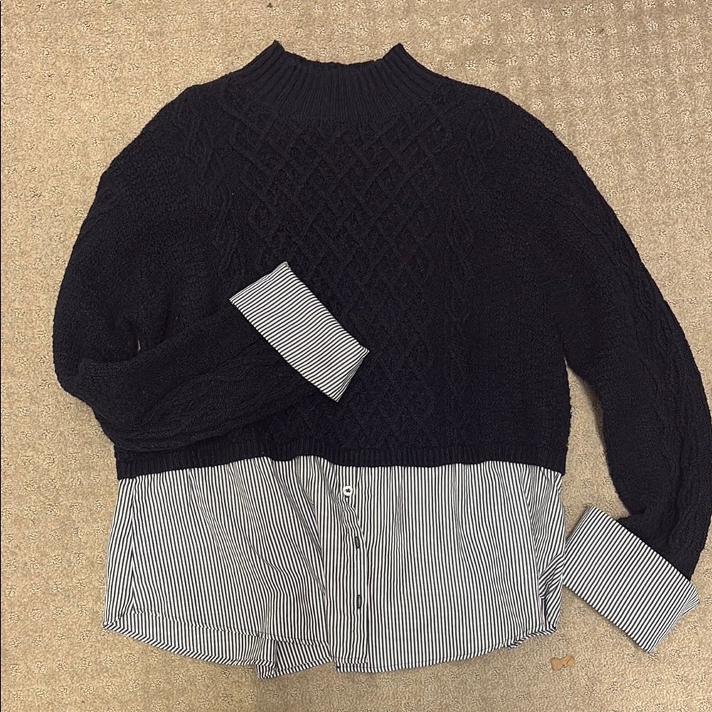 Anthropologie Navy Cable-Knit Sweater with Striped Shirt-Layer